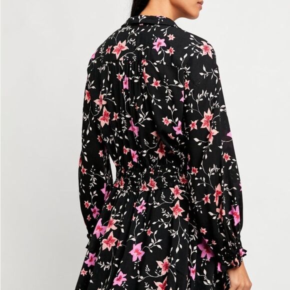 Free People Lighten Up Dress Floral on Black long sleeve with tie waist Sz XS - Picture 10 of 15